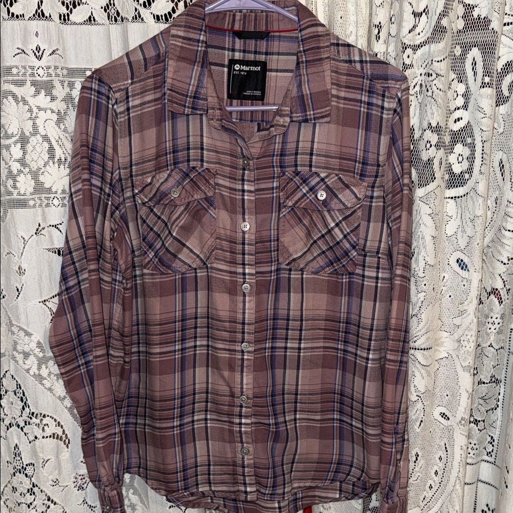 Marmot Purple and Tan Plaid‎ Shirt large